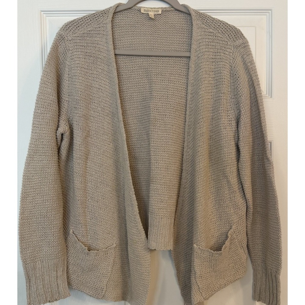 Eileen Fisher Open Cardigan 55% Linen 45% Cotton Oatmeal Quiet Luxury Minimalist